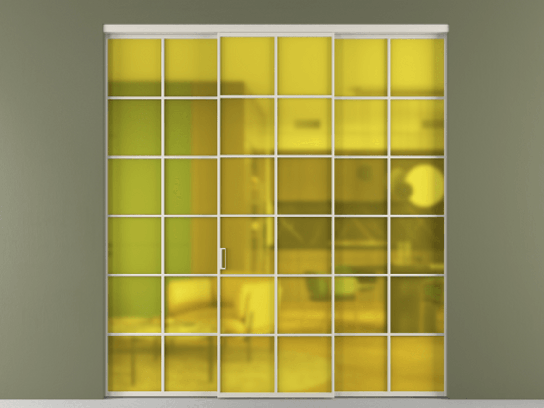 Перегородка Formato внутри проёма 3 створки АЛПР 040.05 Алюминий облачно-серый Сатинированное жёлтое стекло, триплекс Цена 254825 ₽ | Volhovec