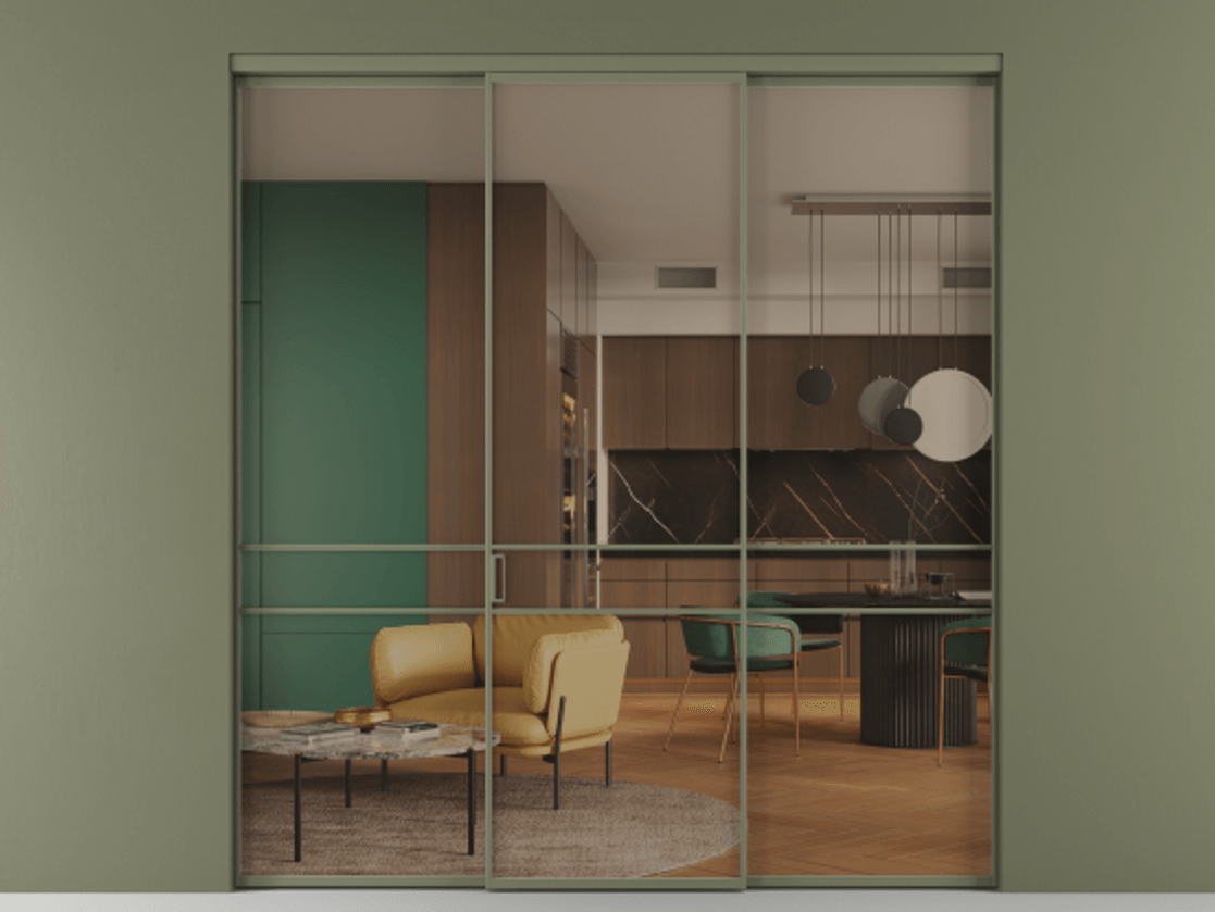 Перегородка Формато внутри проёма 3 створки АЛПР 040.02 Алюминий оливковый тёмный Прозрачное бронзовое стекло, триплекс Цена 237275 ₽ | Volhovec