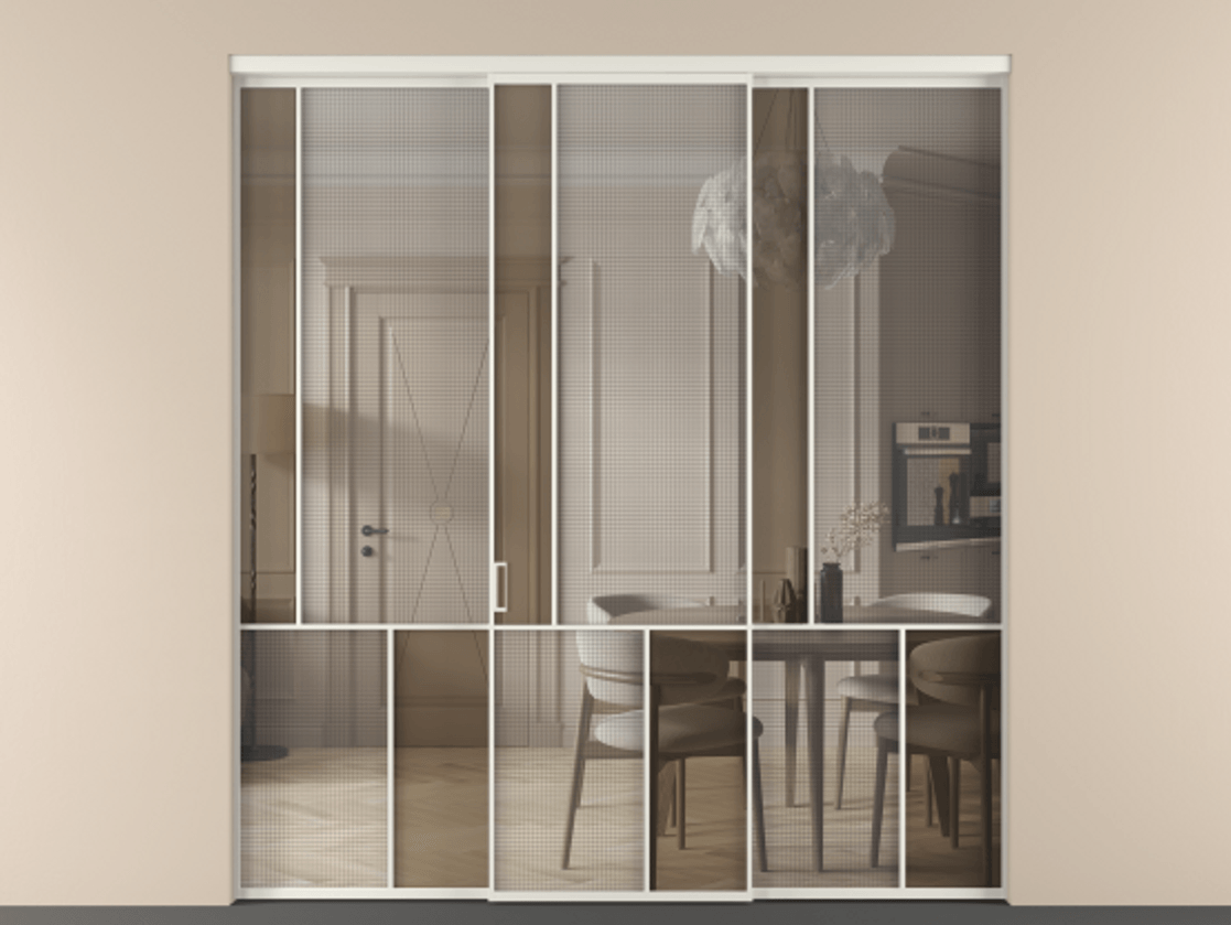 Перегородка Mosaic внутри проёма трёхстворчатая АЛПР 041.20 Алюминий Белый Mesh silver + Бронза прозрачное триплекс Цена 330740 ₽ | Volhovec