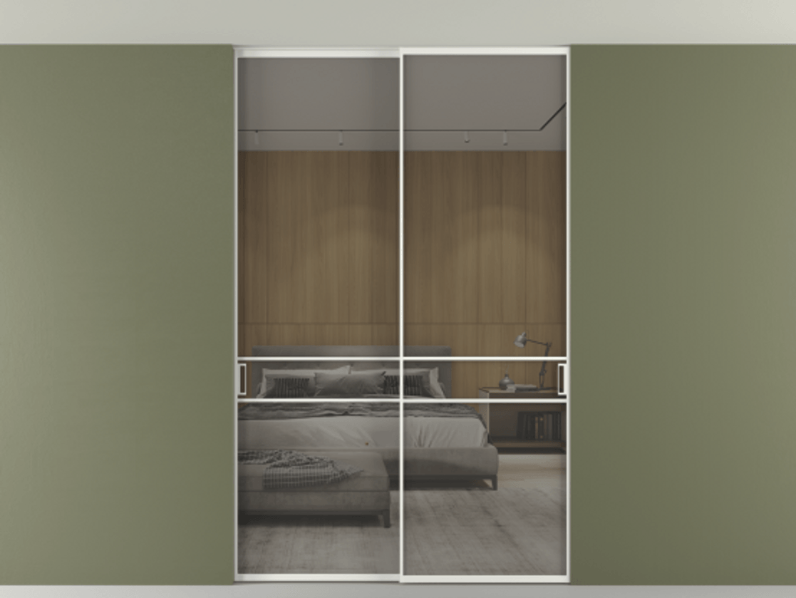 Перегородка Формато внутри проёма скрытое крепление в потолок 2 створки АЛПР 040.02 Алюминий светло-серый Рефлективное серое стекло "Стопсол", калёное Цена 305520 ₽ | Volhovec