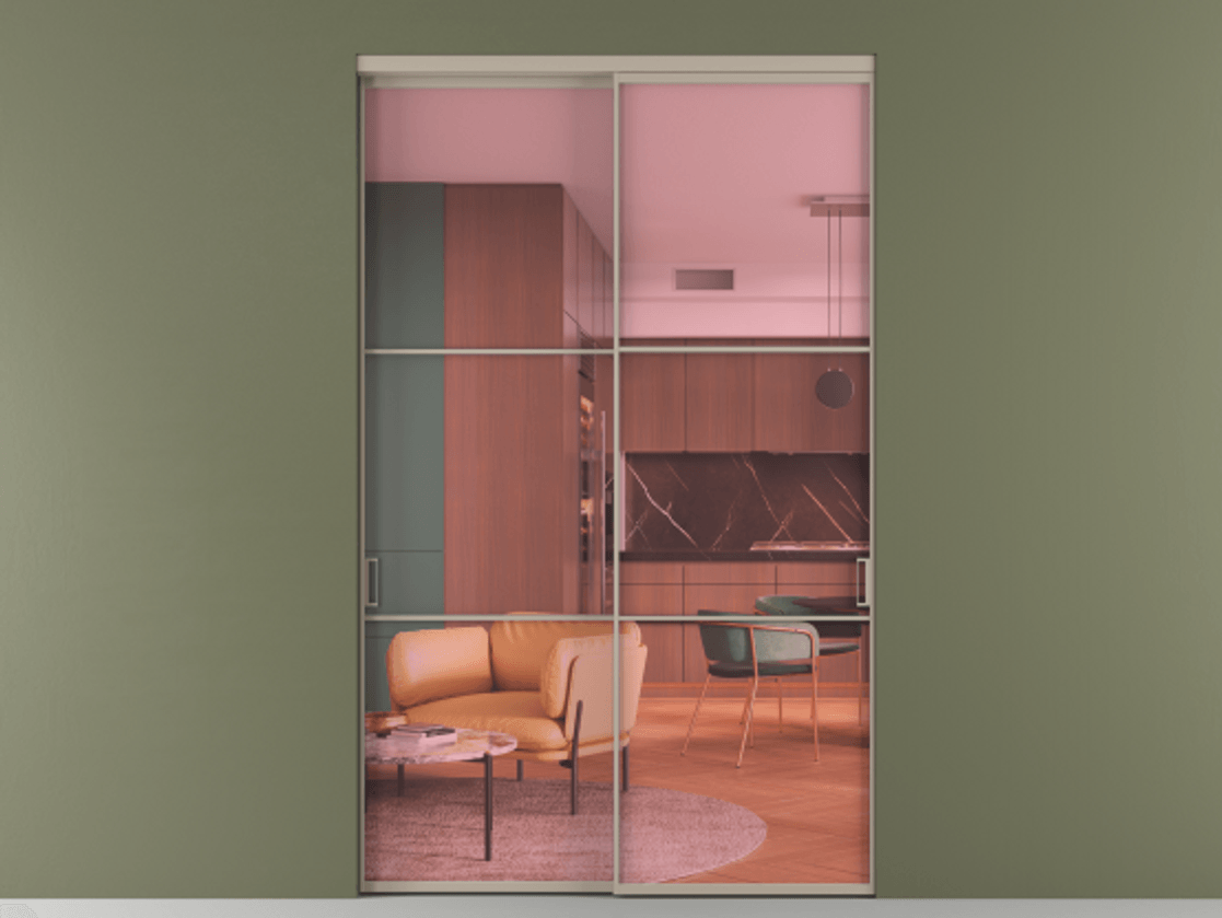 Перегородка Formato внутри проёма 2 створки АЛПР 040.03 Алюминий бисквитный Прозрачное розовое стекло, триплекс Цена 462300 ₽  | Volhovec