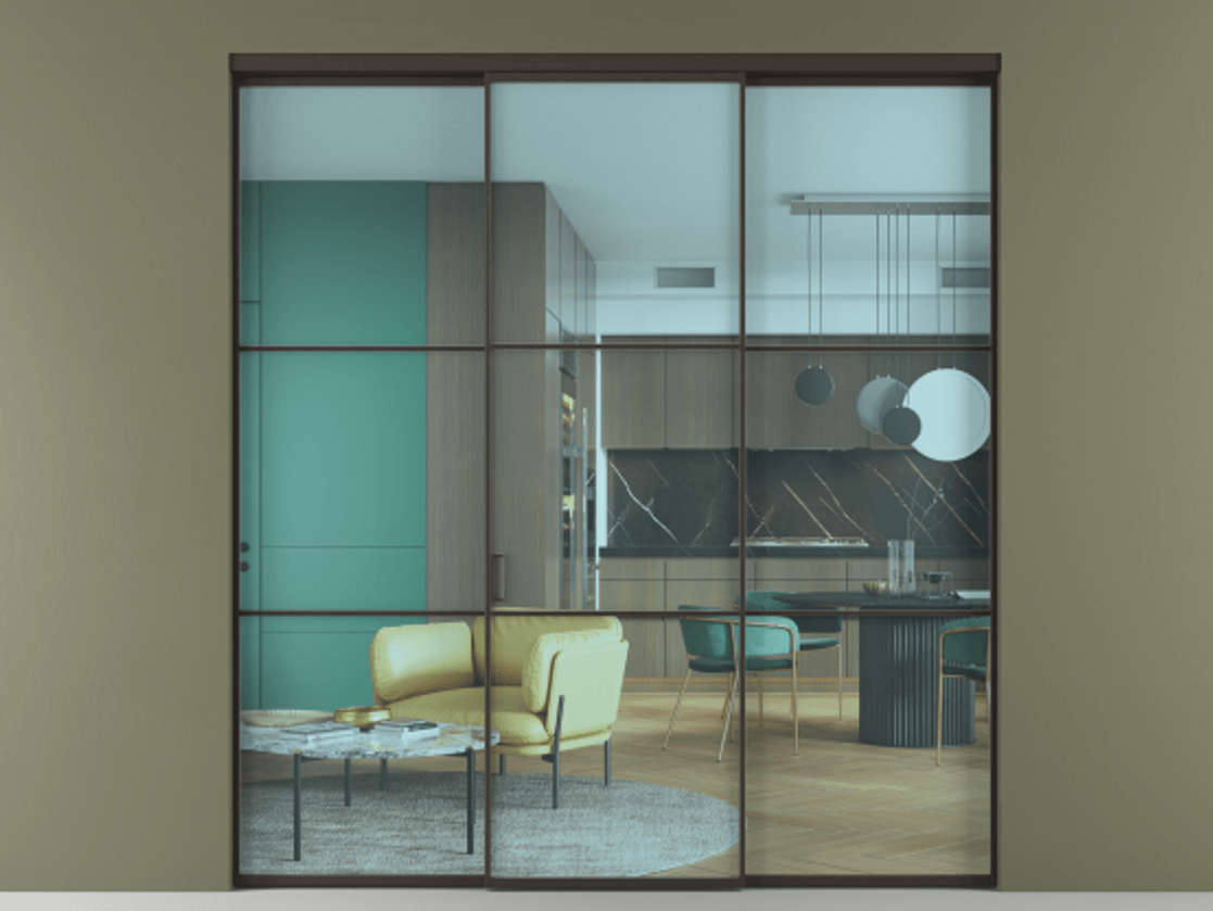 Перегородка Formato внутри проёма 3 створки АЛПР 040.03 Алюминий антрацит Прозрачное голубое стекло, триплекс Цена 248540 ₽ | Volhovec