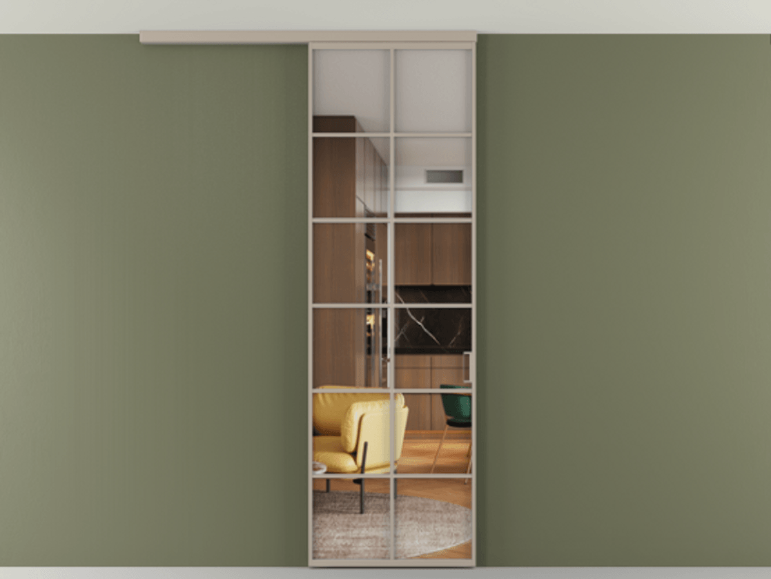 Перегородка Формато вдоль стены на потолок 1 створка АЛПР 040.05 Алюминий бисквитный Прозрачное стекло "Кристал Вижн", калёное Цена 134090 ₽ | Volhovec