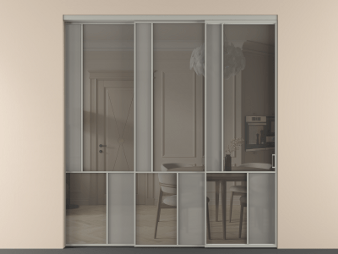 Перегородка Mosaic внутри проёма 3 створки с синхронным механизмом АЛПР 041.20  Алюминий нейтральный серый Сатинированное серое стекло, триплекс, 6 мм + Прозрачное серое стекло, триплекс Цена 437390 ₽ | Volhovec