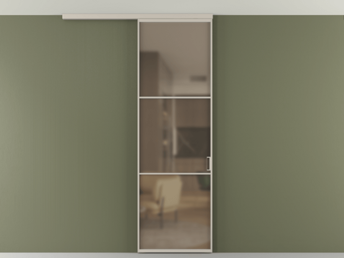 Перегородка Формато вдоль стены на потолок 1 створка АЛПР 040.03 Алюминий светло-бежевый Сатинированное бронзовое стекло, триплекс Цена 100988 ₽ | Volhovec