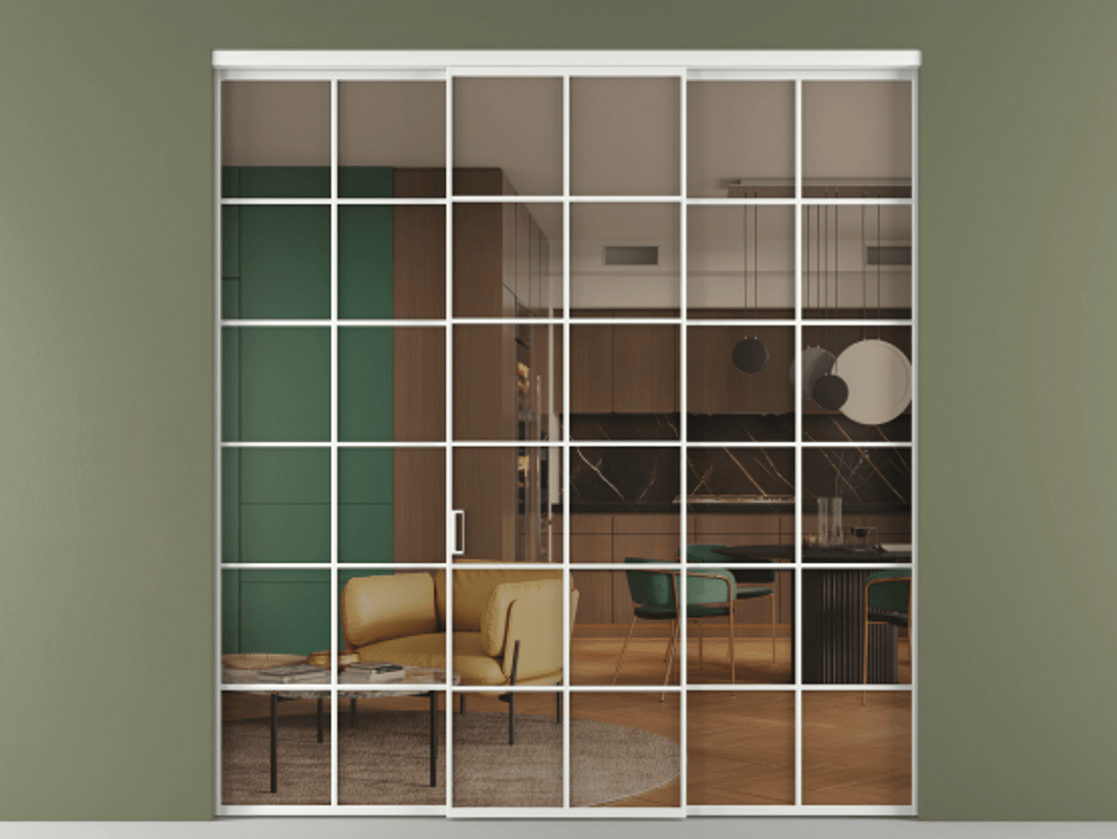 Перегородка Формато внутри проёма 3 створки АЛПР 040.05 Алюминий белоснежный Прозрачное бронзовое стекло, триплекс Цена 254825 ₽ | Volhovec