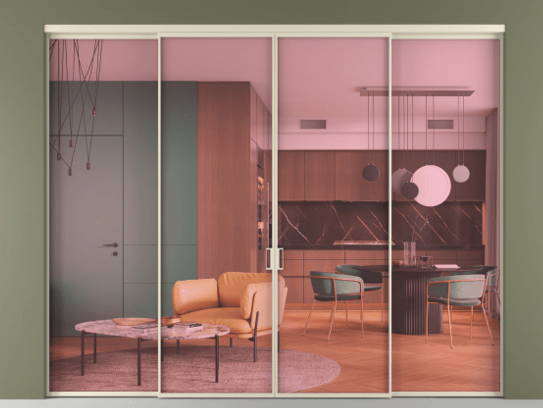 Перегородка Formato внутри проёма 4 створки АЛПР 040.01 Алюминий бежево-серый Прозрачное розовое стекло, триплекс Цена 76246800 so'm  | Volhovec