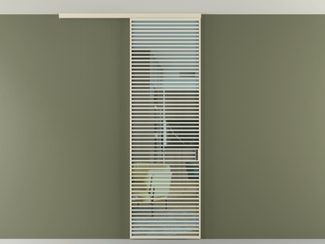 Перегородка Formato вдоль стены на потолок одностворчатая АЛПР 040.07 Алюминий бежево-серый Прозрачное голубое стекло, триплекс Цена 203840 ₽ | Volhovec