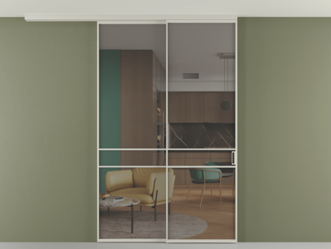 Перегородка Формато вдоль стены на потолок 2 створки с синхронным механизмом АЛПР 040.02 Алюминий тёплый серый Прозрачное серое стекло, триплекс Цена 311020 ₽ | Volhovec