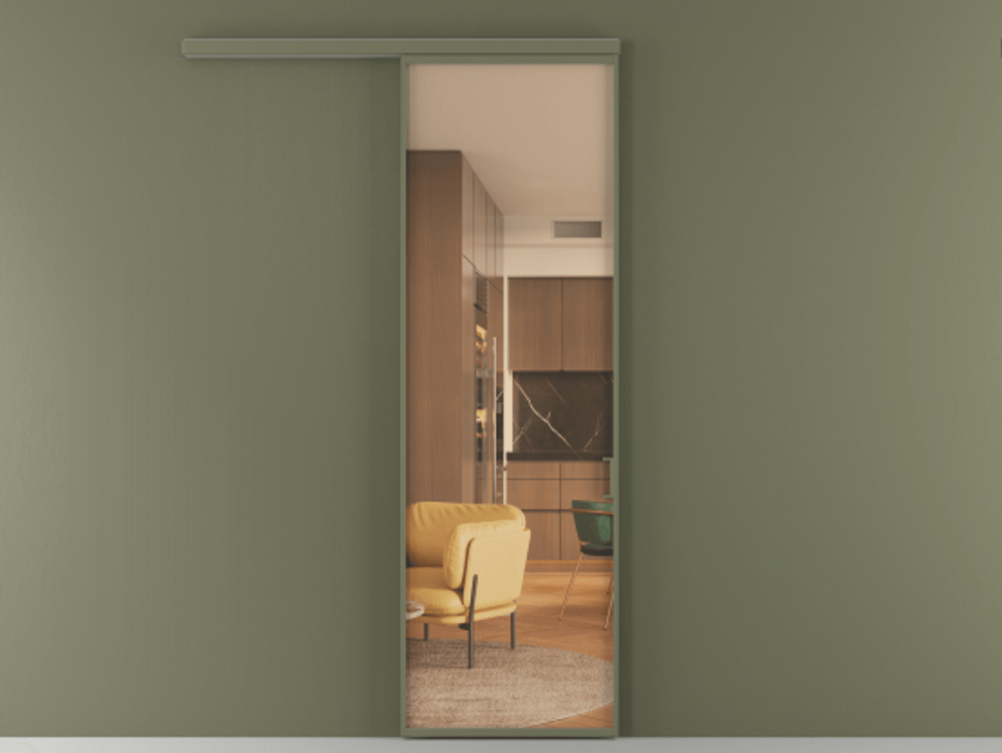 Перегородка Формато вдоль стены 1 створка АЛПР 040.01 Алюминий оливковый тёмный Прозрачное оранжевое стекло, триплекс Цена 101760 ₽  | Volhovec