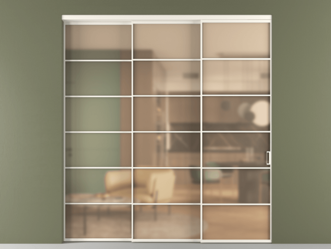 Перегородка Formato внутри проёма 3 створки с синхронным механизмом АЛПР 040.04 Алюминий пудровый белый Сатинированное оранжевое стекло, триплекс Цена 363260 ₽  | Volhovec