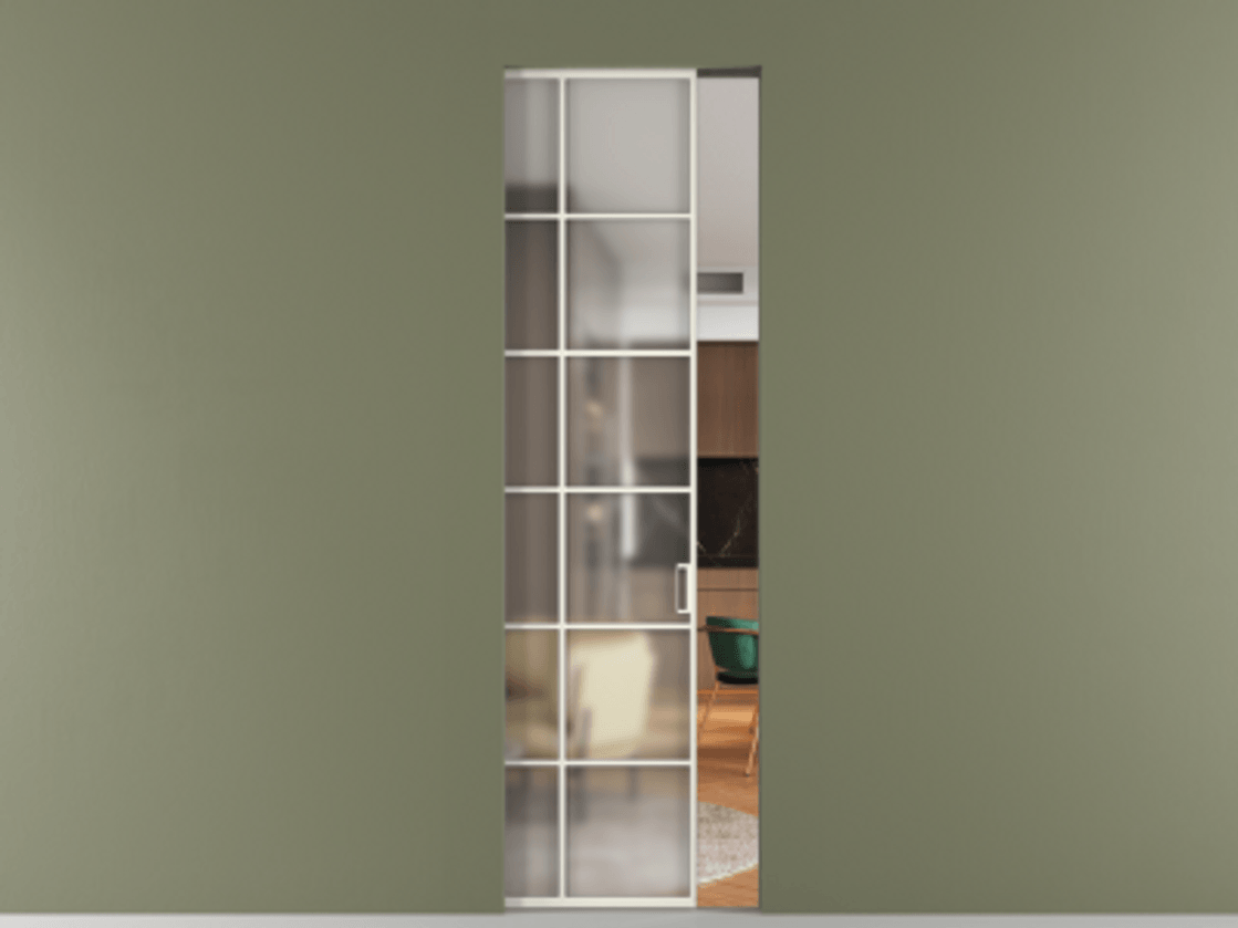 Перегородка Формато скрытый пенал 1 створка АЛПР 040.05 Алюминий жемчужный Сатинированное стекло "Мателюкс Кристал Вижн", калёное, матовое, каленое 6 мм Цена 168020 ₽ | Volhovec