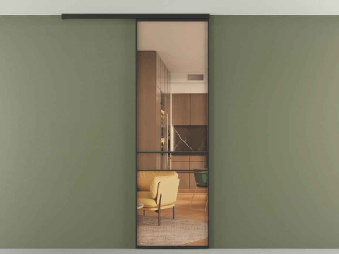 Перегородка Formato вдоль стены на потолок 1 створка АЛПР 040.02 Алюминий Черный Прозрачное оранжевое стекло, триплекс Цена 97120 ₽ | Volhovec