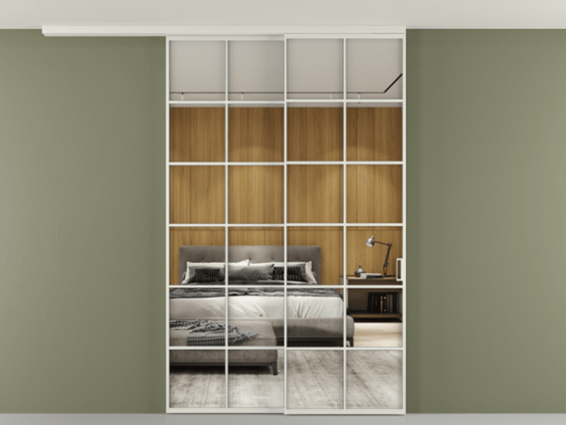 Перегородка Формато вдоль стены на потолок 2 створки с синхронным механизмом АЛПР 040.05 Алюминий серый Двустороннее зеркало, триплекс , триплекс 6 мм Цена 59215910 so'm | Volhovec