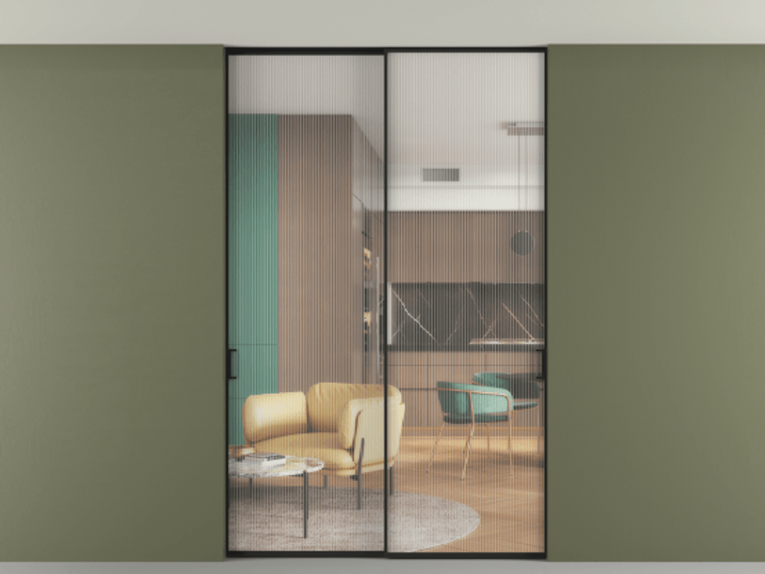 Перегородка Формато внутри проёма скрытое крепление в потолок 2 створки АЛПР 040.01 Алюминий Черный Рифлёное стекло "Мору", триплекс Цена 245695 ₽ | Volhovec