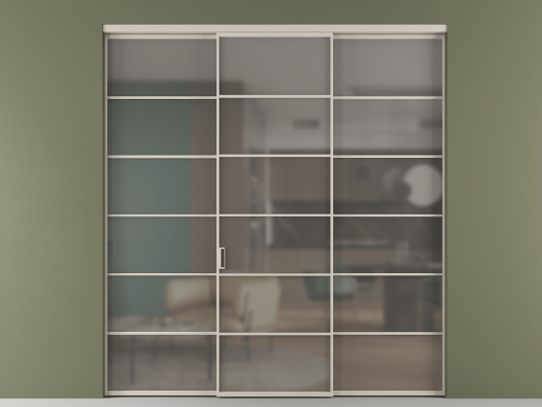 Перегородка Формато внутри проёма 3 створки АЛПР 040.04 Алюминий светло-бежевый Сатинированное серое стекло, триплекс Цена 254825 ₽ | Volhovec