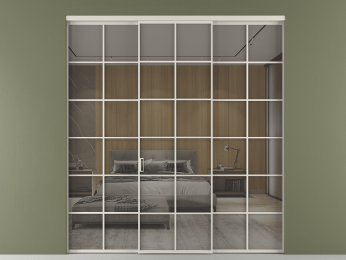 Перегородка Формато внутри проёма 3 створки АЛПР 040.05 Алюминий облачно-серый Рефлективное серое стекло "Стопсол", калёное Цена 341000 ₽ | Volhovec