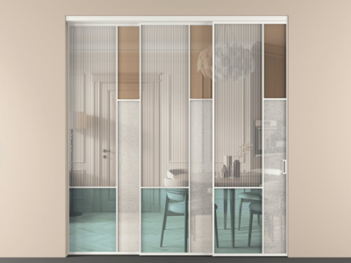 Перегородка Mosaic внутри проёма 3 створки с синхронным механизмом АЛПР 041.12 Алюминий светло-серый Комбинация стекол Группы 1 и Группы 3 Цена 455390 ₽ | Volhovec