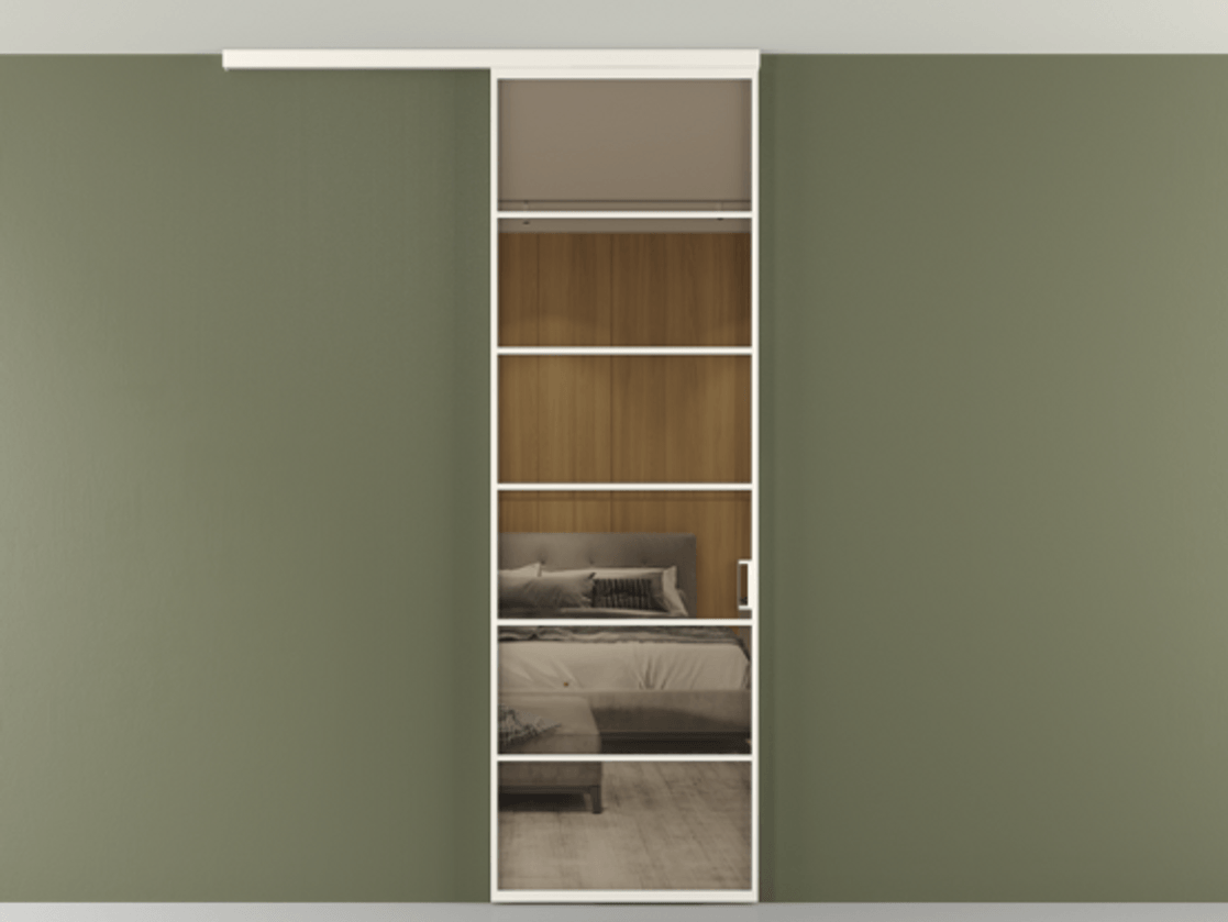 Перегородка Формато вдоль стены на потолок 1 створка АЛПР 040.04 Алюминий пудровый белый Рефлективное бронзовое стекло "Стопсол", калёное Цена 114252 ₽ | Volhovec