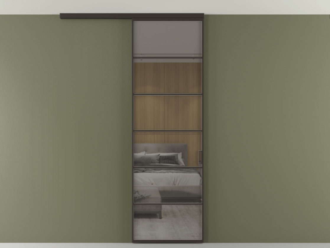 Перегородка Формато вдоль стены на потолок 1 створка АЛПР 040.04 Алюминий антрацит Рефлективное серое стекло "Стопсол", калёное Цена 114252 ₽ | Volhovec