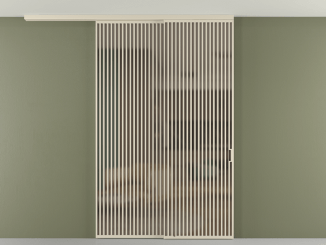 Перегородка Формато вдоль стены на потолок 2 створки с синхронным механизмом АЛПР 040.06 Алюминий бежево-серый Сатинированное бронзовое стекло, триплекс Цена 526620 ₽ | Volhovec