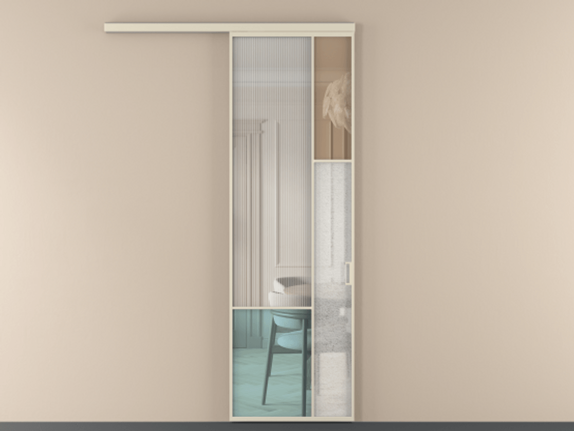 Перегородка Mosaic вдоль стены одностворчатая АЛПР 041.12 Алюминий бежево-серый Комбинация стекол Группы 1 и Группы 3 Цена 143030 ₽ | Volhovec