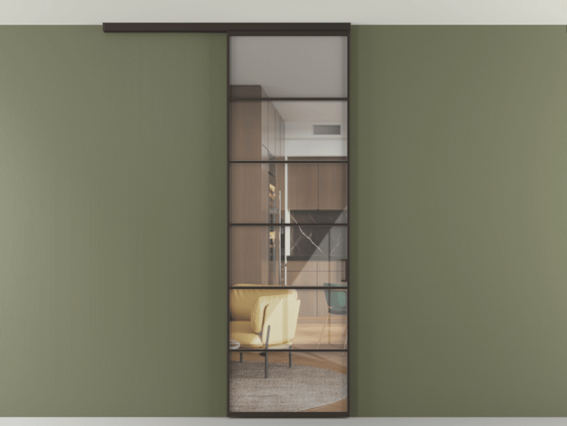 Перегородка Формато вдоль стены на потолок 1 створка АЛПР 040.04 Алюминий антрацит Рефлективное прозрачное стекло "Стопсол", калёное Цена 114252 ₽ | Volhovec