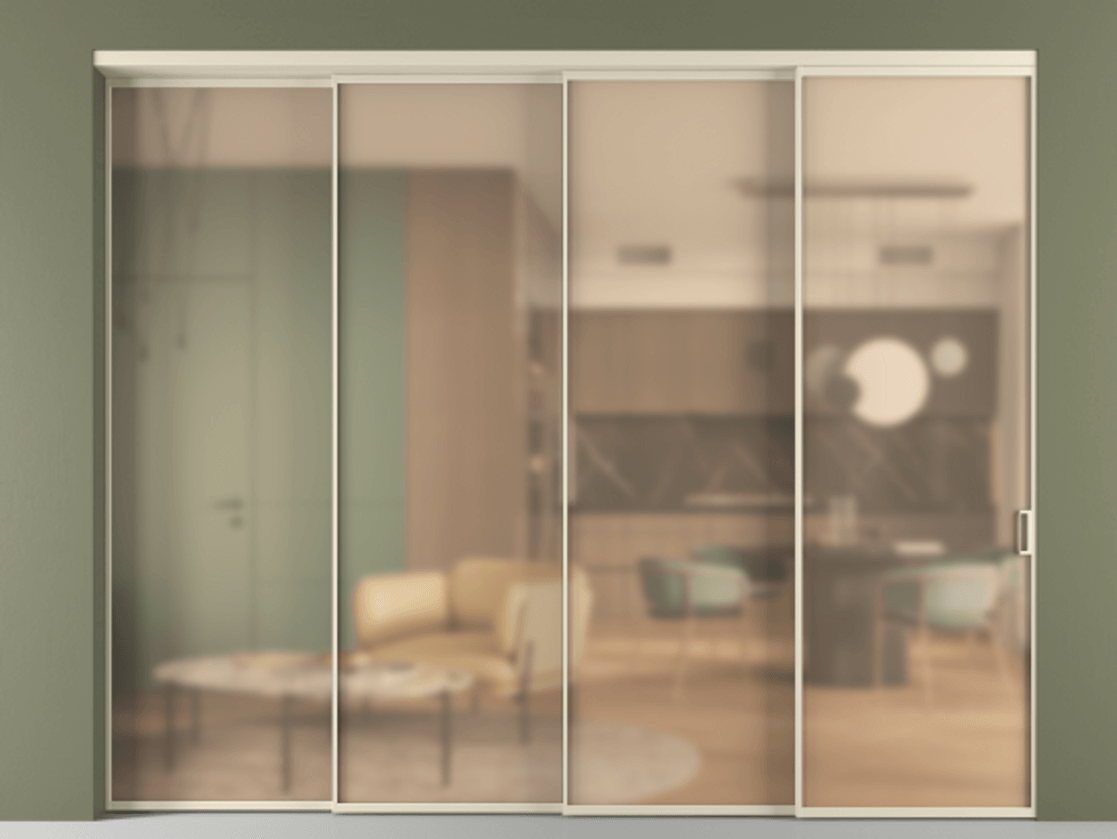 Перегородка Формато внутри проёма 4 створки с синхронным механизмом АЛПР 040.01 Алюминий бежево-серый Сатинированное оранжевое стекло, триплекс Цена 432500 ₽ | Volhovec