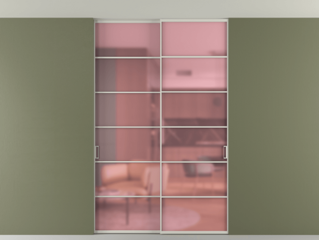 Перегородка Формато внутри проёма скрытое крепление в потолок 2 створки АЛПР 040.04 Алюминий тёплый серый Сатинированное розовое стекло, триплекс Цена 261085 ₽ | Volhovec