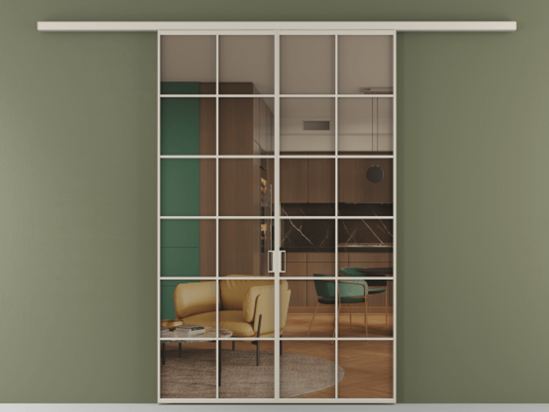 Перегородка Формато вдоль стены 2 створки АЛПР 040.05 Алюминий светло-бежевый Прозрачное бронзовое стекло, триплекс Цена 207150 ₽ | Volhovec