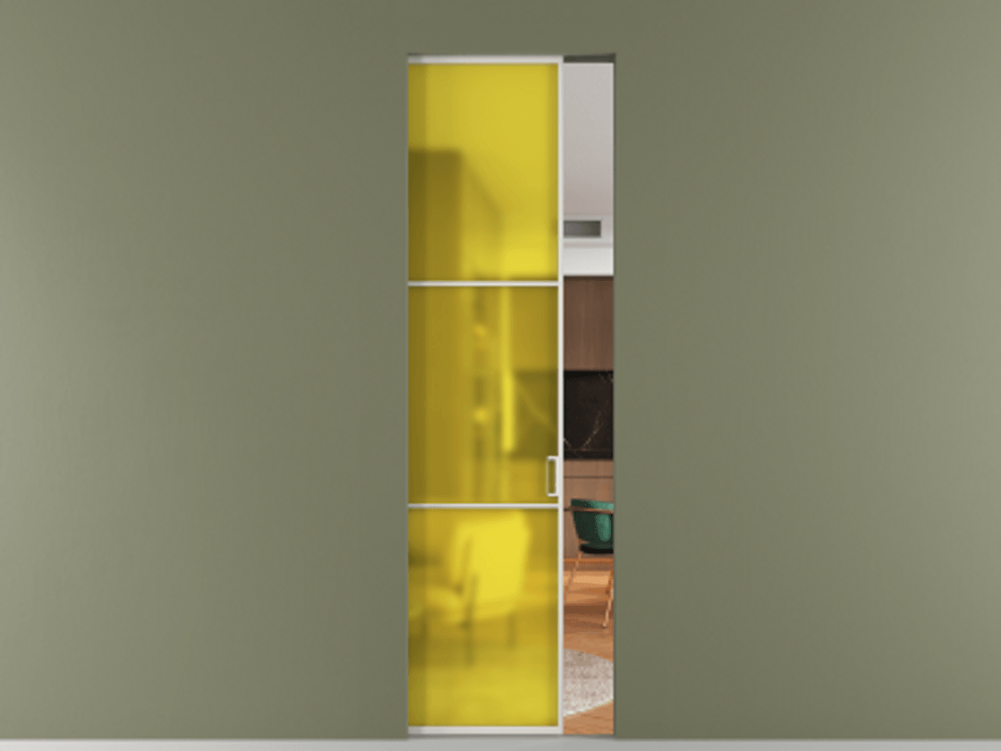 Перегородка Formato скрытый пенал 1 створка АЛПР 040.03 Алюминий Белый Сатинированное жёлтое стекло, триплекс Цена 152500 ₽ | Volhovec