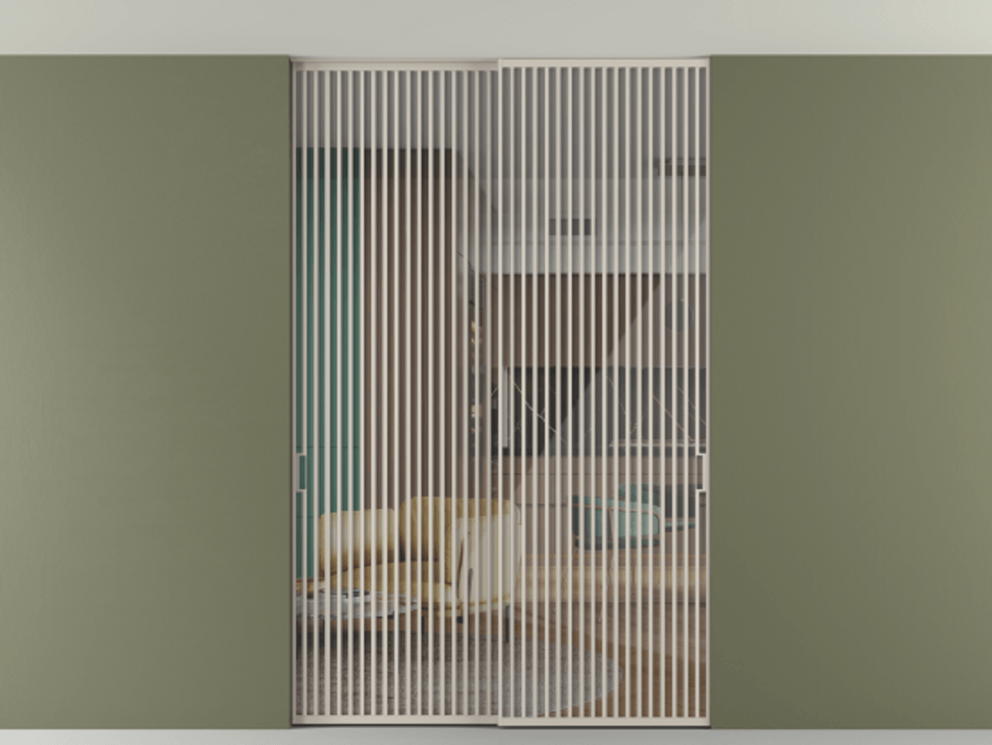 Перегородка Formato внутри проёма скрытое крепление в потолок 2 створки АЛПР 040.06 Алюминий светло-бежевый Рефлективное прозрачное стекло "Stopsol", калёное Цена 521120 ₽ | Volhovec