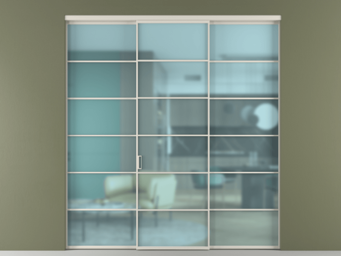 Перегородка Formato внутри проёма 3 створки АЛПР 040.04 Алюминий облачно-серый Сатинированное голубое стекло, триплекс Цена 254825 ₽ | Volhovec