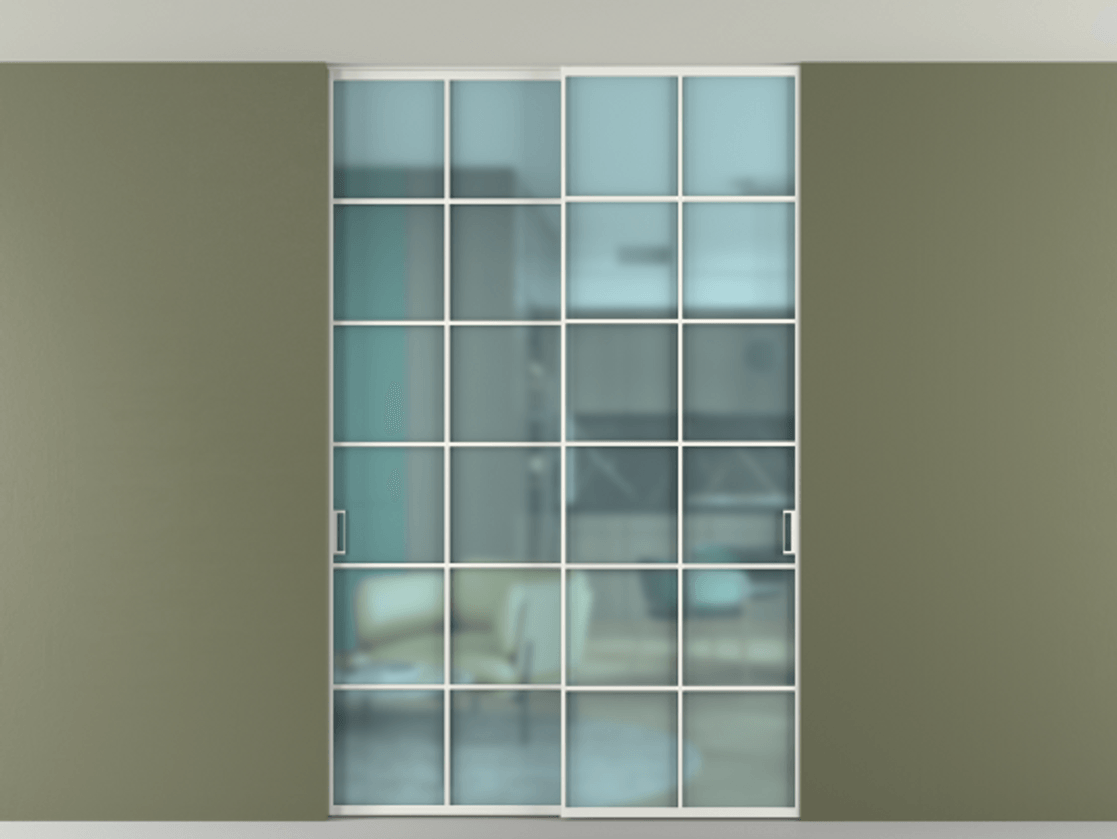 Перегородка Formato внутри проёма скрытое крепление в потолок 2 створки АЛПР 040.05 Алюминий светло-серый Сатинированное голубое стекло, триплекс Цена 261085 ₽ | Volhovec