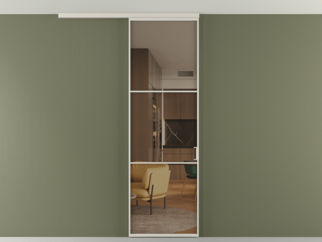 Перегородка Формато вдоль стены на потолок 1 створка АЛПР 040.03 Алюминий облачно-серый Прозрачное бронзовое стекло, триплекс Цена 100988 ₽ | Volhovec