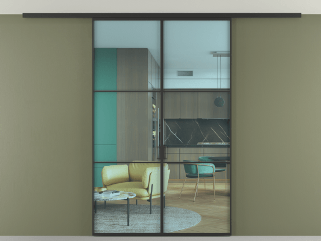 Перегородка Formato вдоль стены на потолок 2 створки АЛПР 040.03 Алюминий Черный Прозрачное голубое стекло, триплекс Цена 187440 ₽ | Volhovec