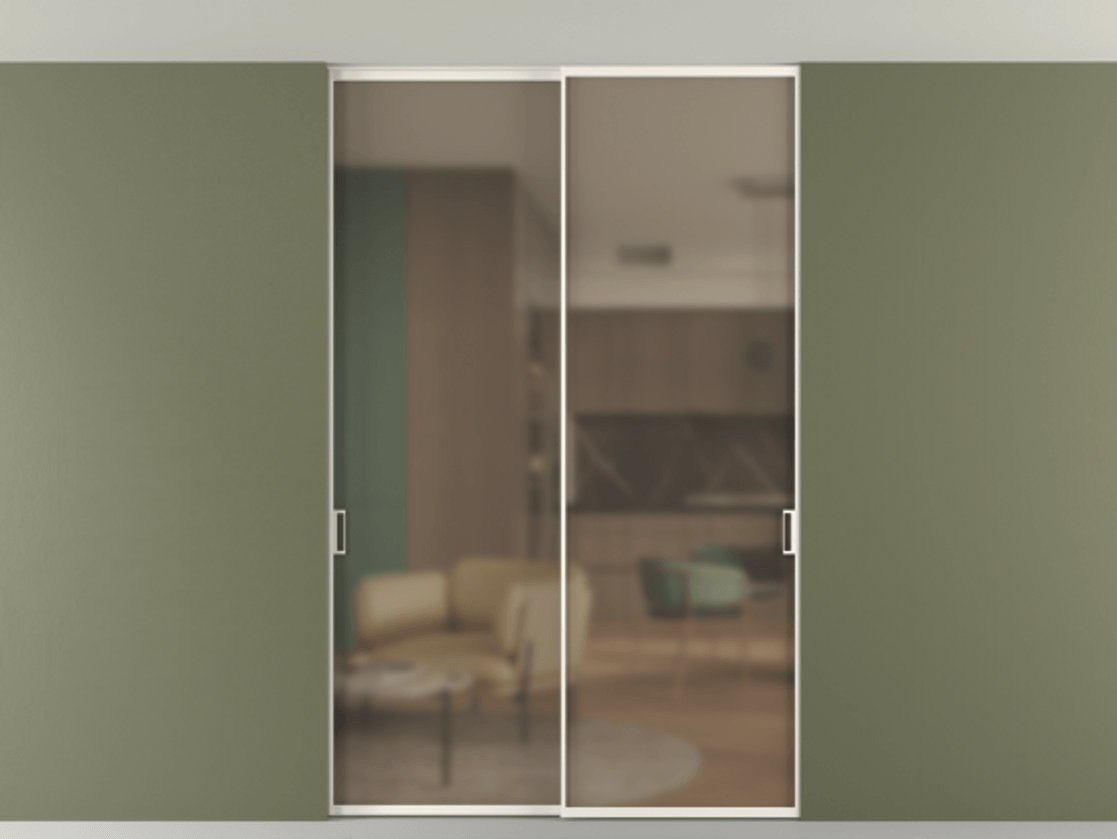 Перегородка Формато внутри проёма скрытое крепление в потолок 2 створки АЛПР 040.01 Алюминий пудровый белый Сатинированное бронзовое стекло, триплекс Цена 239305 ₽ | Volhovec