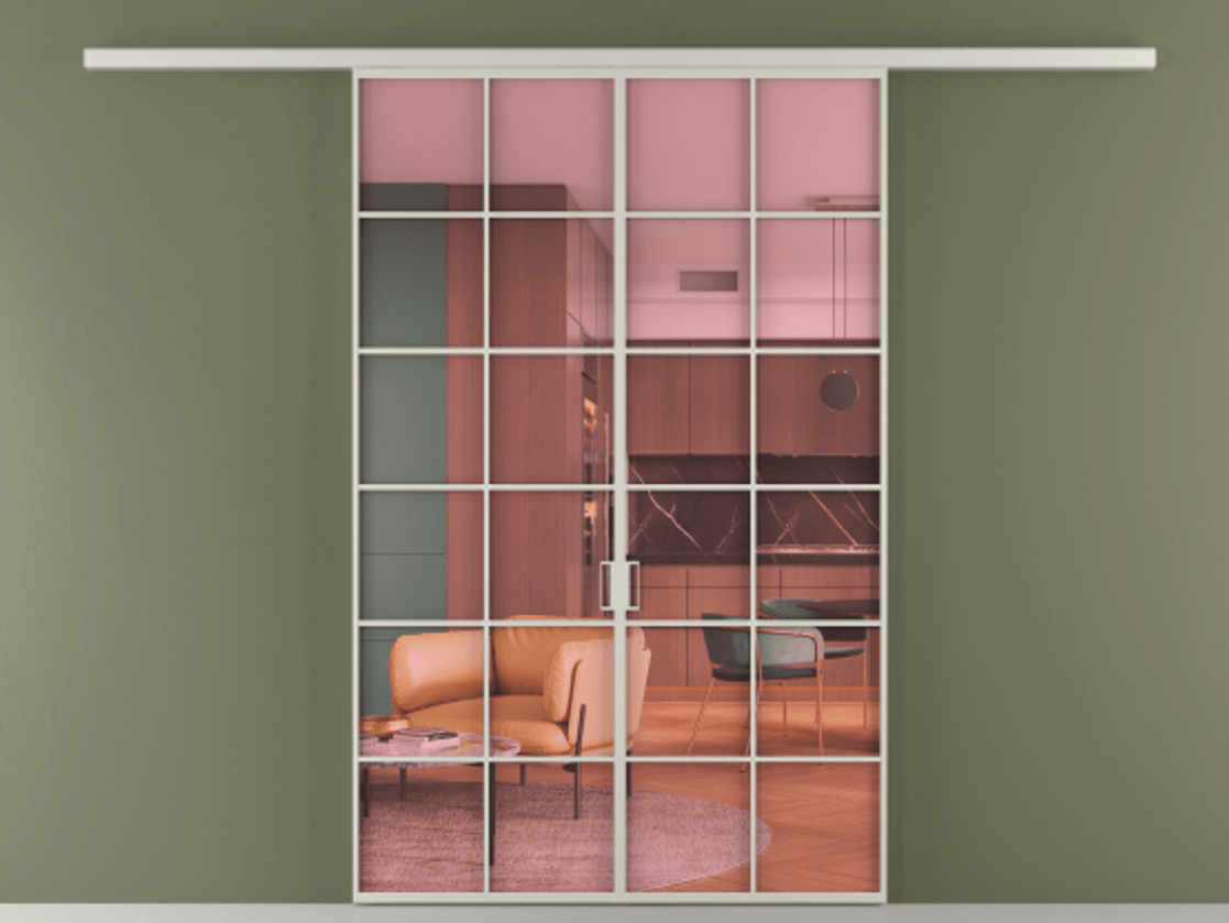 Перегородка Формато вдоль стены 2 створки АЛПР 040.05 Алюминий тёплый серый Прозрачное розовое стекло, триплекс Цена 207150 ₽ | Volhovec