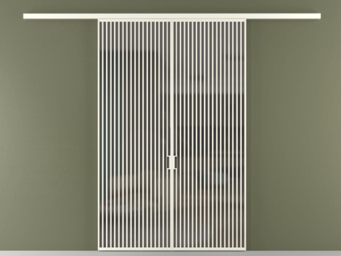 Перегородка Формато вдоль стены 2 створки АЛПР 040.06 Алюминий жемчужный Сатинированное серое стекло, триплекс Цена 342450 ₽ | Volhovec