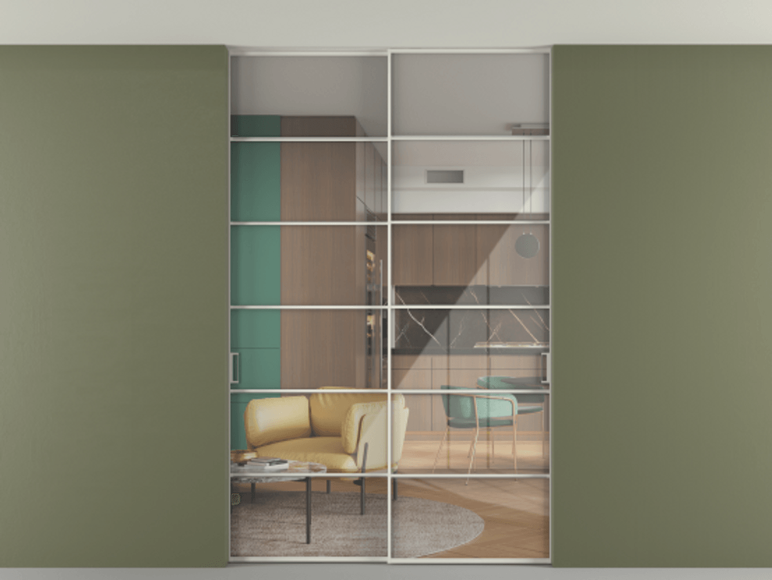 Перегородка Формато внутри проёма скрытое крепление в потолок 2 створки АЛПР 040.04 Алюминий Белый Рефлективное прозрачное стекло "Стопсол", калёное Цена 313880 ₽ | Volhovec