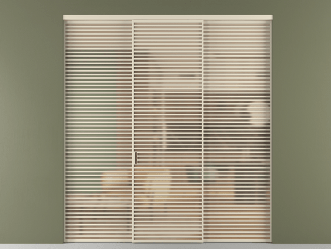 Межкомнатная дверь New Перегородка Formato внутри проёма трёхстворчатая АЛПР 040.07 Алюминий бежево-серый Сатинированное оранжевое стекло, триплекс Цена 483740  | Volhovec