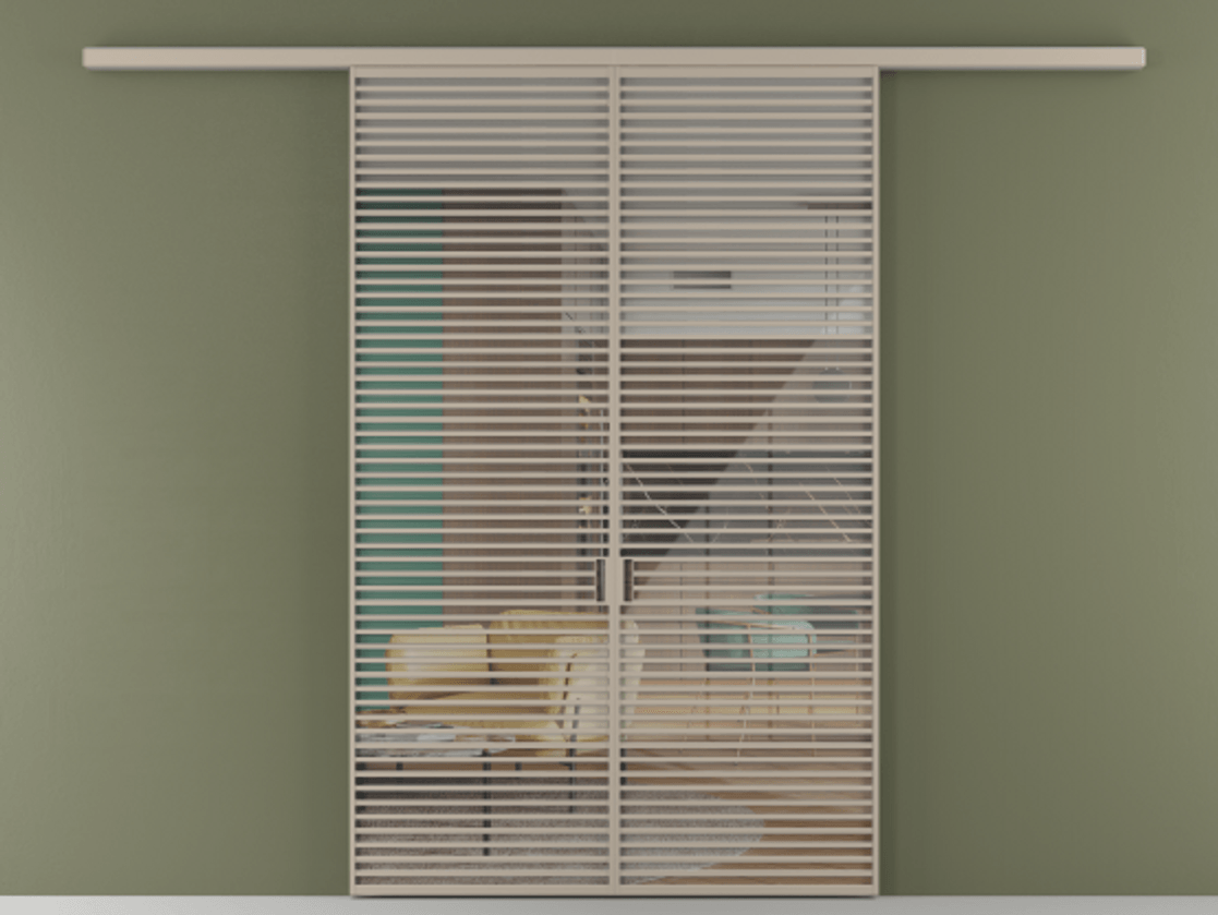 Перегородка Formato вдоль стены 2 створки АЛПР 040.07 Алюминий бисквитный Рефлективное прозрачное стекло "Stopsol", калёное Цена 445000 ₽ | Volhovec