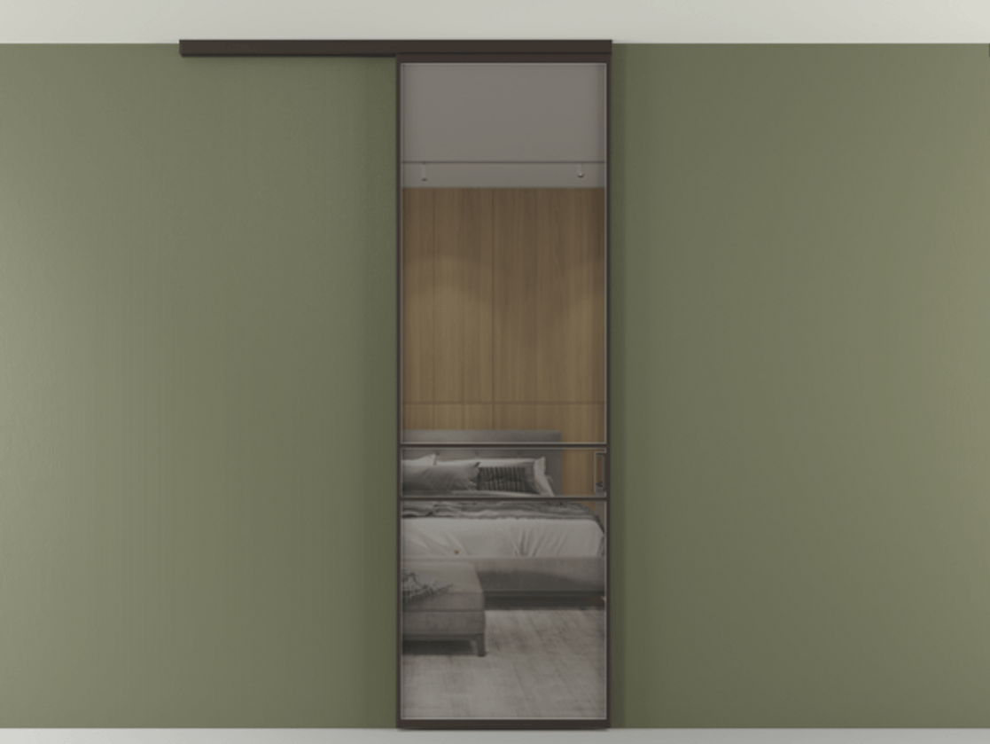 Перегородка Формато вдоль стены на потолок 1 створка АЛПР 040.02 Алюминий антрацит Рефлективное серое стекло "Стопсол", калёное Цена 125510 ₽ | Volhovec