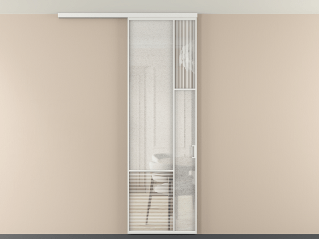 Перегородка Mosaic вдоль стены на потолок 1 створка АЛПР 041.12 Алюминий белоснежный Рифлёное стекло "Дюна", триплекс, 6 мм + Фактурное стекло "Лёд", триплекс Цена 143040 ₽ | Volhovec