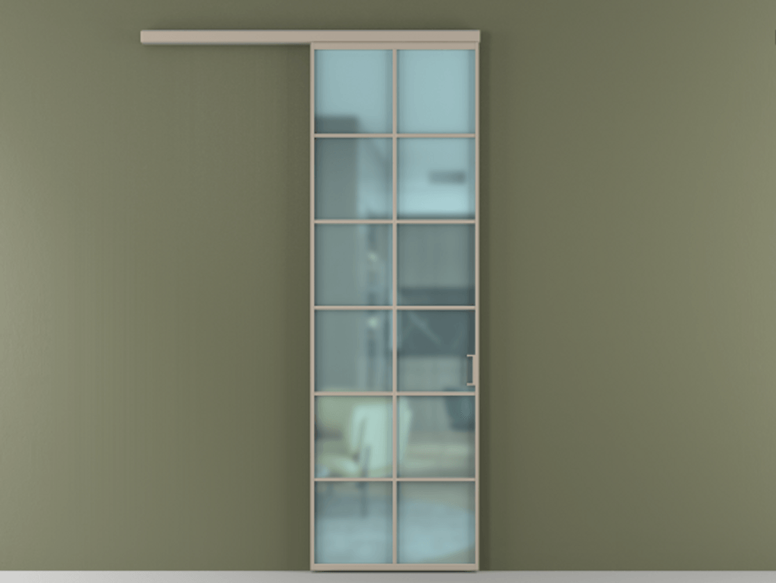 Перегородка Формато вдоль стены 1 створка АЛПР 040.05 Алюминий бисквитный Сатинированное голубое стекло, триплекс Цена 112320 ₽  | Volhovec