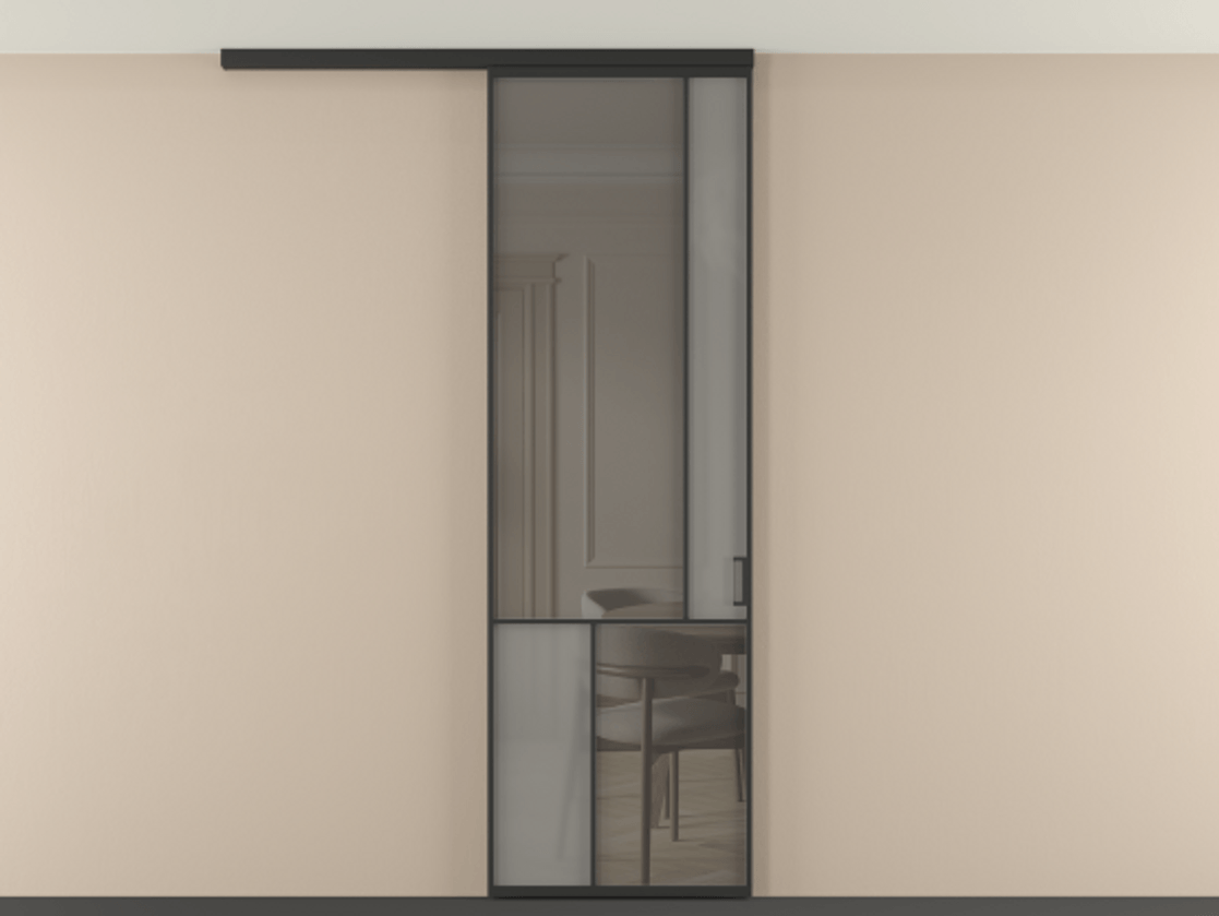 Перегородка Мозаик вдоль стены на потолок 1 створка АЛПР 041.21 Алюминий Черный Сатинированное серое стекло, триплекс, 6 мм + Прозрачное серое стекло, триплекс Цена 129560 ₽ | Volhovec