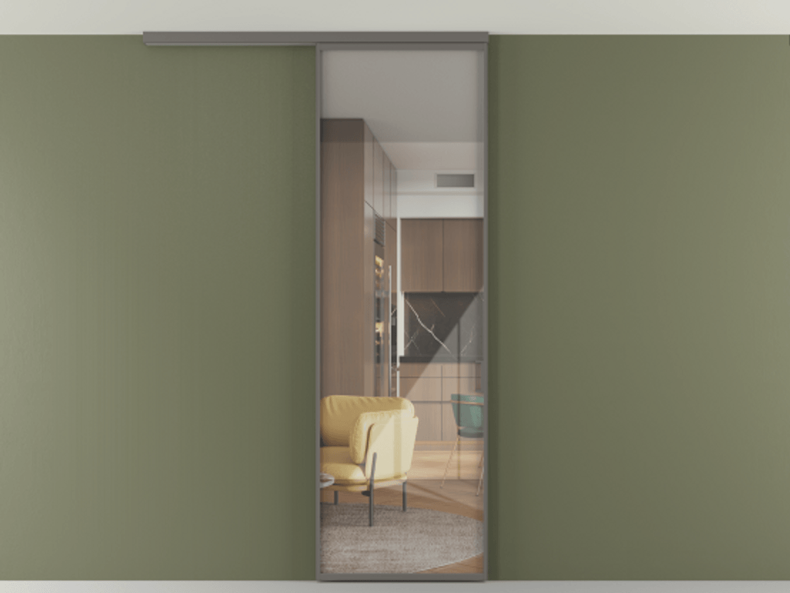 Перегородка Формато вдоль стены на потолок 1 створка АЛПР 040.01 Алюминий классический серый Рефлективное прозрачное стекло "Стопсол", калёное Цена 102636 ₽ | Volhovec