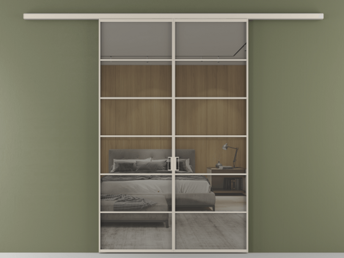 Перегородка Формато вдоль стены 2 створки АЛПР 040.04 Алюминий светло-бежевый Рефлективное серое стекло "Стопсол", калёное Цена 264600 ₽ | Volhovec