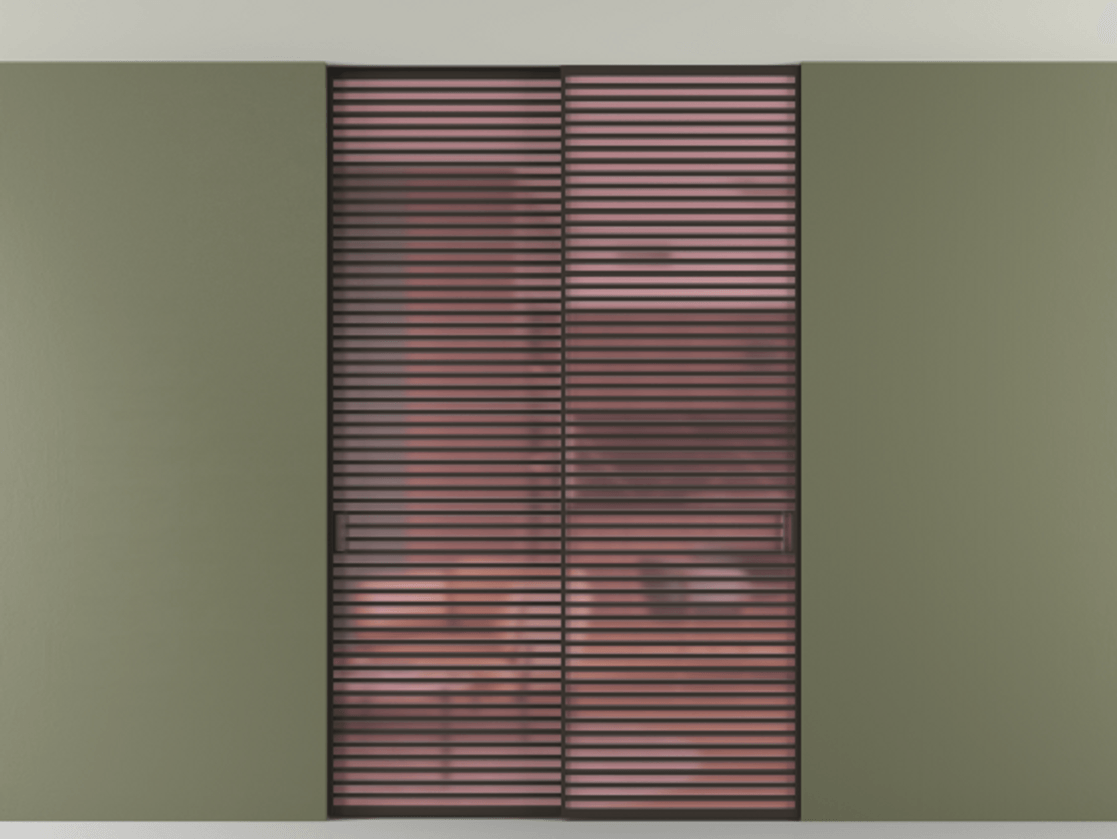 Перегородка Формато внутри проёма скрытое крепление в потолок 2 створки АЛПР 040.07 Алюминий антрацит Сатинированное розовое стекло, триплекс Цена 409915 ₽ | Volhovec