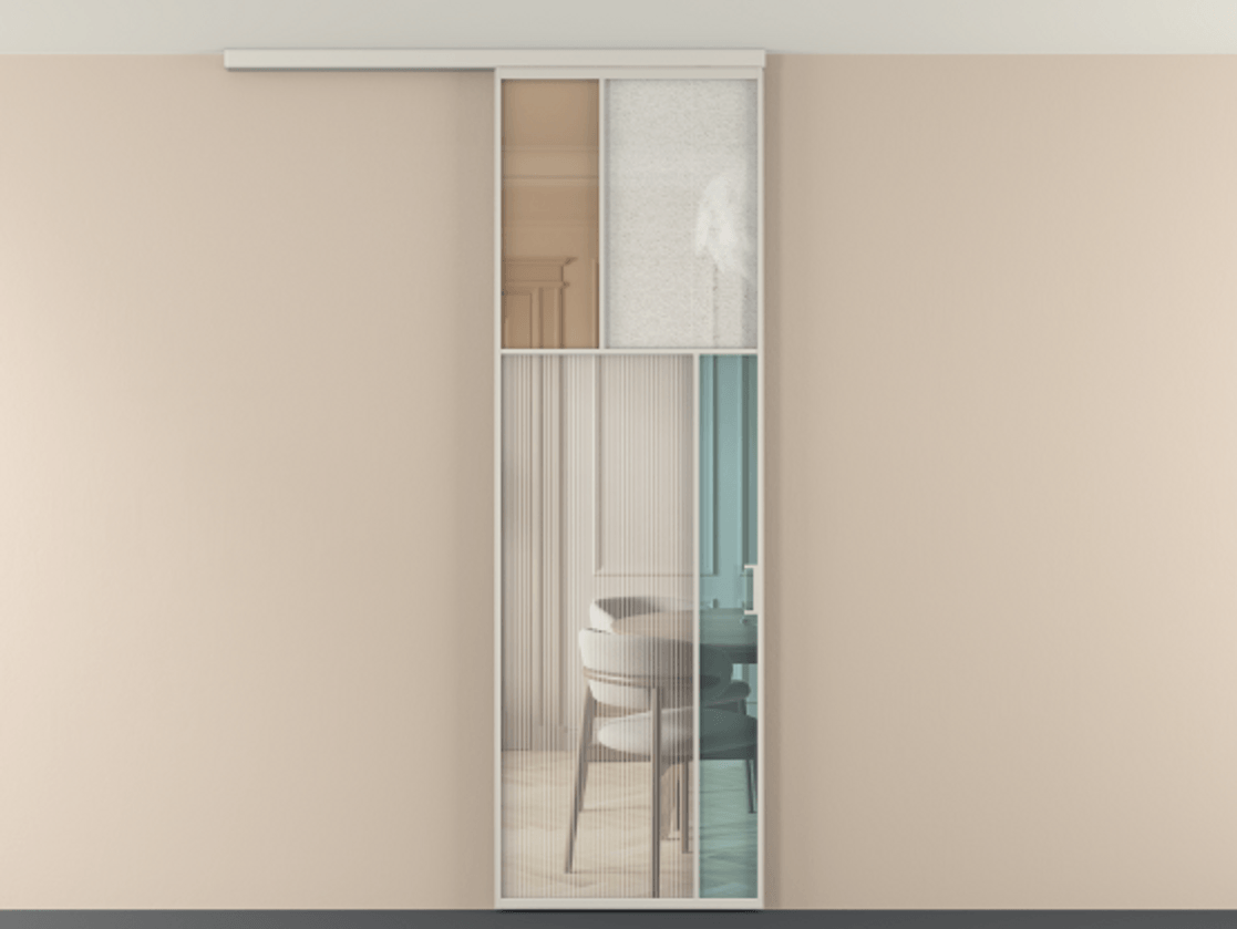 Перегородка Мозаик вдоль стены на потолок 1 створка АЛПР 041.23 Алюминий облачно-серый Комбинация стекол Группы 1 и Группы 3 Цена 141040 ₽ | Volhovec